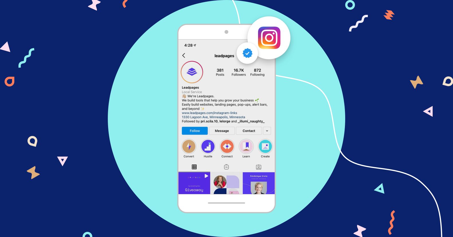 Grow your Instagram following Mobile mockup of an iPhone showing Leadpages' Instagram profile